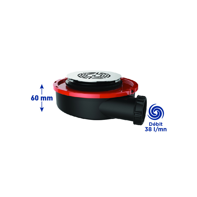 Bonde douche extra-plate Ø90, FLUSH 44,grille inox, H.60mm, corps 70% PCR