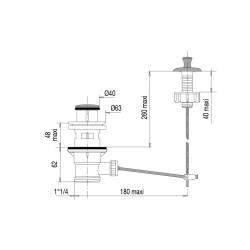 Bonde lavabo automatique,tirette verticale,clapet inox Ø40mm,serrage 33 à 48mm