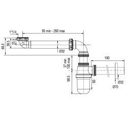 Tubulure gain d'espace lavabo métallisée, siphon ABS chromé, sortie murale Ø32mm