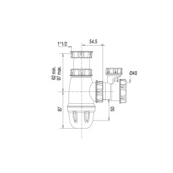 Siphon évier soupape anti-vide, H. réglable 62 à 97mm,corps 100% PCR