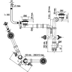 Vidage gain espace ELIPSO évier 2 cuves Ø60, H. 89,5, avec TP,corps 100% PCR