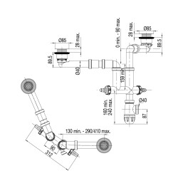 Vidage gain d'espace ELIPSO évier 2 cuves Ø60, H. 89,5mm, sans TP,corps 100% PCR