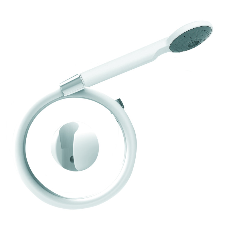 Kit douche 1 jet COLIBRI blanc, flexible PVC blanc 1,50 m, support mural sphérique