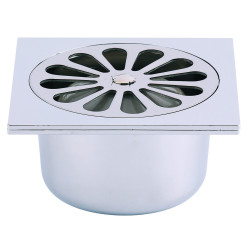Siphon de sol plastique 100x100,grille cloche inox,sortie verticale Ø40 à coller