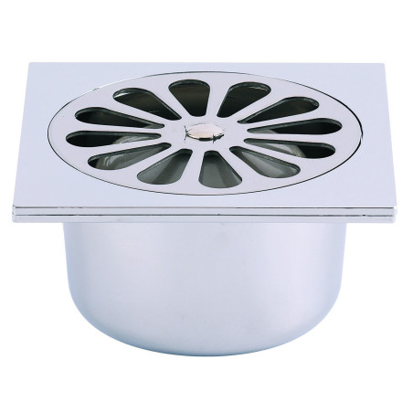 Siphon de sol plastique 100x100,grille cloche inox,sortie verticale Ø40 à coller