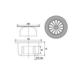 Siphon de sol plastique 100x100,grille cloche inox,sortie verticale Ø40 à coller