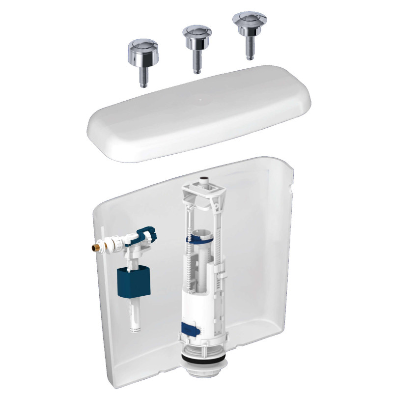 Kit de chasse DOMAO NF : soupape à étrier 3/6 L et robinet flotteur à ouverture différée