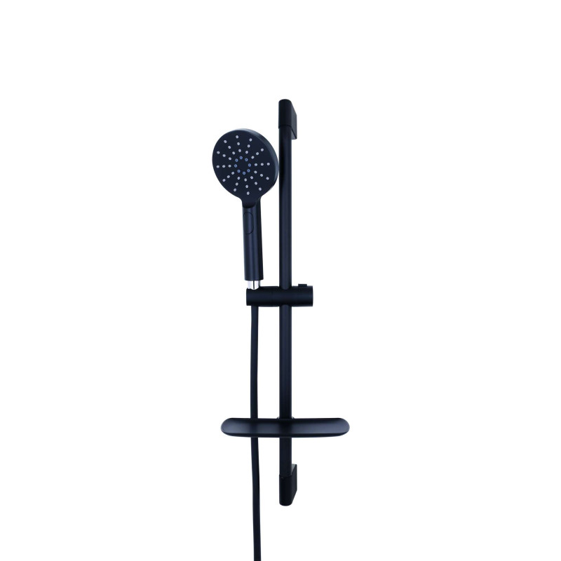 Ensemble de douche DOMAO 300 noir mat, barre 70 cm Ø 22 mm, douchette 3 jets Ø 120 mm, flexible PVC 1,75 m, tablette