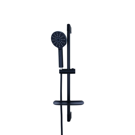 Ensemble de douche DOMAO 300 noir mat, barre 70 cm Ø 22 mm, douchette 3 jets Ø 120 mm, flexible PVC 1,75 m, tablette
