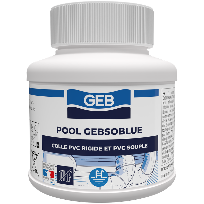 Colle spéciale piscine pour canaliation en pvc sans THF couleur bleu, réf. 504499