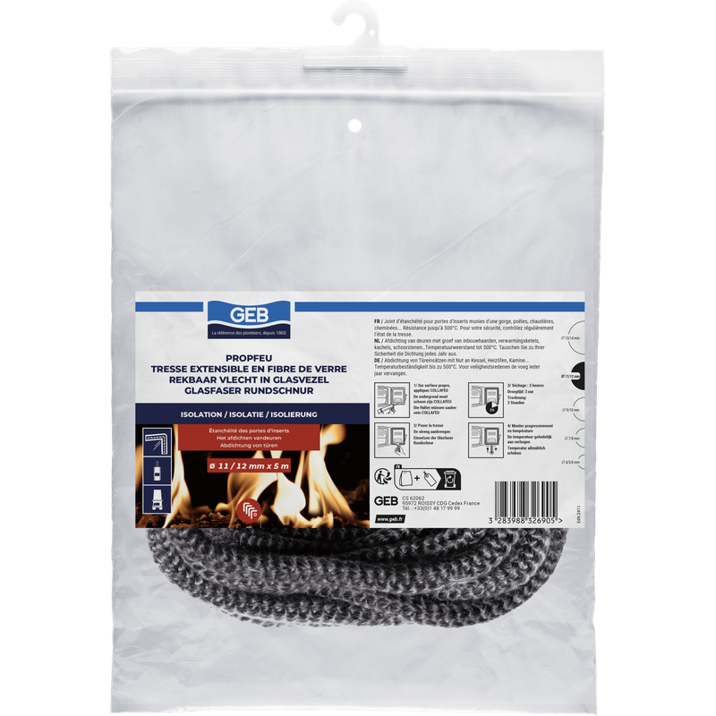 Tresse ronde étanchéité pour portes de poèles, insets, chaudières avec gorge, réf. 832690