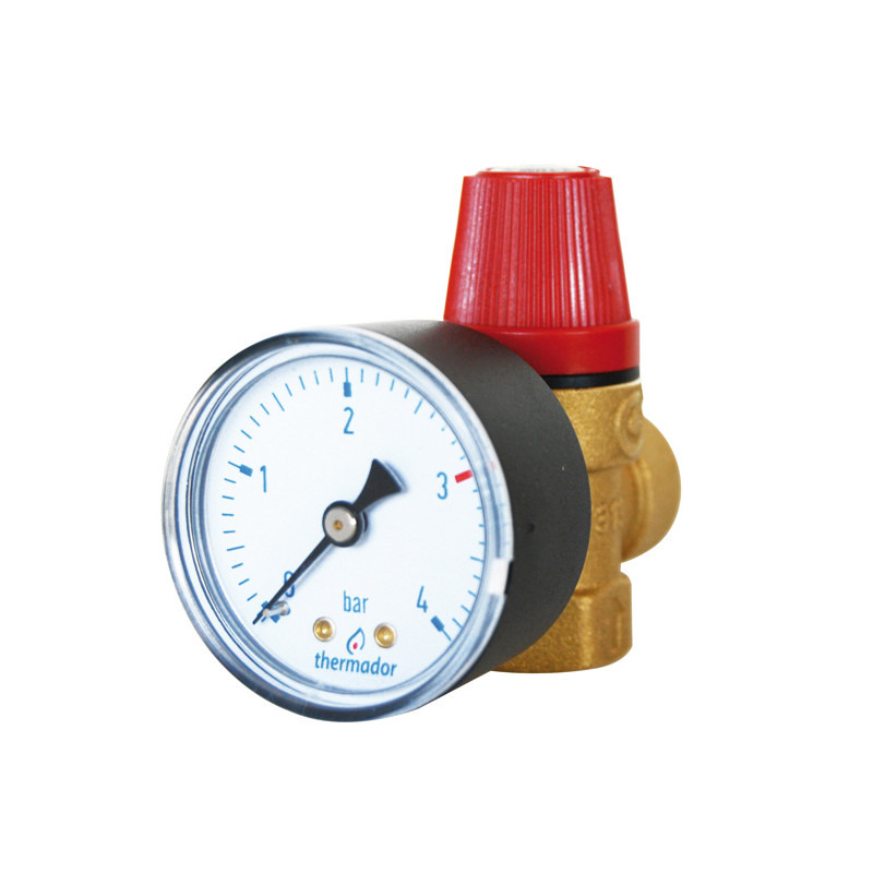Soupape de Sureté CHAUFFAGE 1/2" ZM - NF 3 bar - avec Manomètre