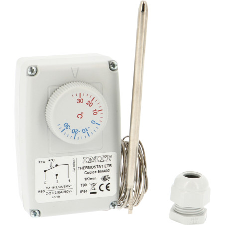 Thermostat étanche à sonde déportée, réglage -35°C à +35°C, boîtier plastique.