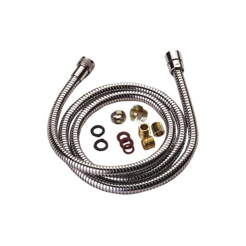 Flexible de douche 1,50 m pour mitigeur extractible, laiton chromé double agrafage, 5 embouts inclus