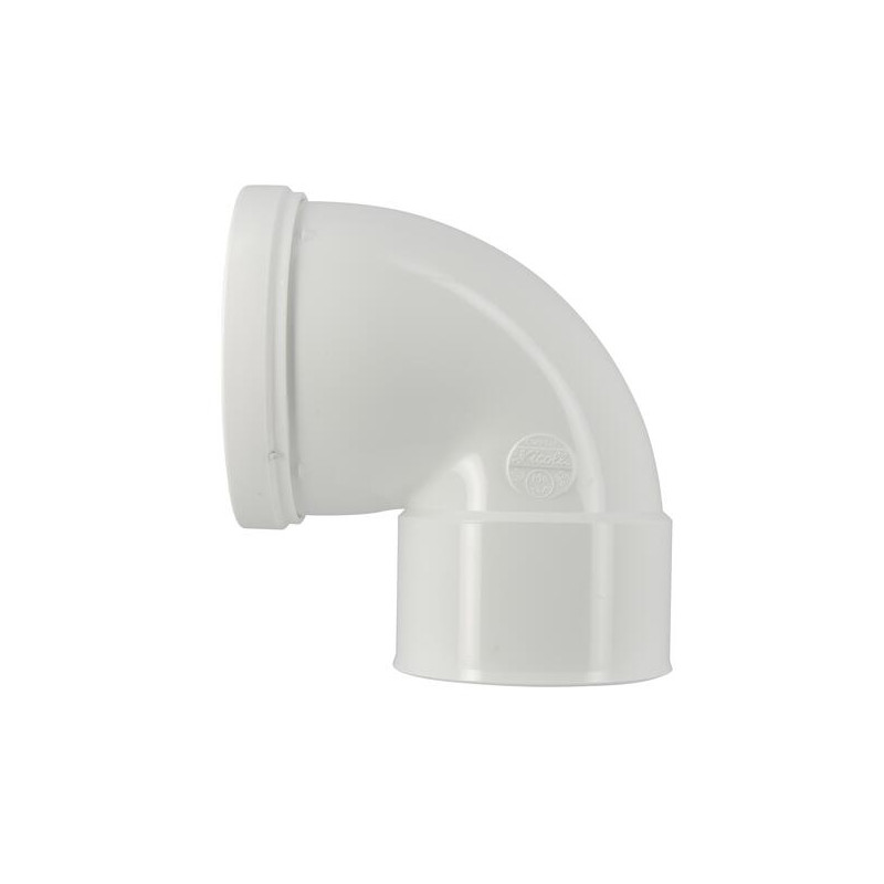 Pipe courte de WC femelle à 90°, PVC blanc, Ø 100, Ø DM mini 85, Ø DM maxi 107