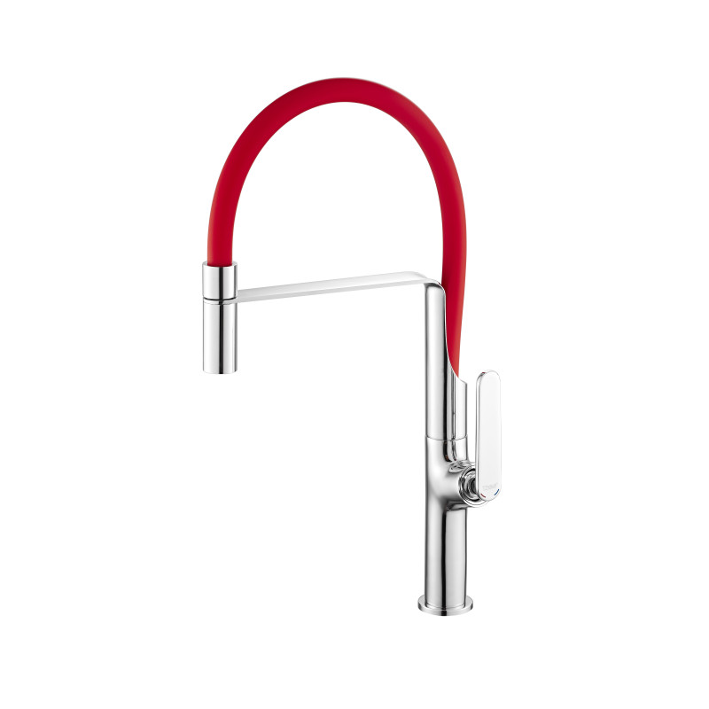 Mitigeur avec bec flexible pour évier, TUBIG chromé/rouge
