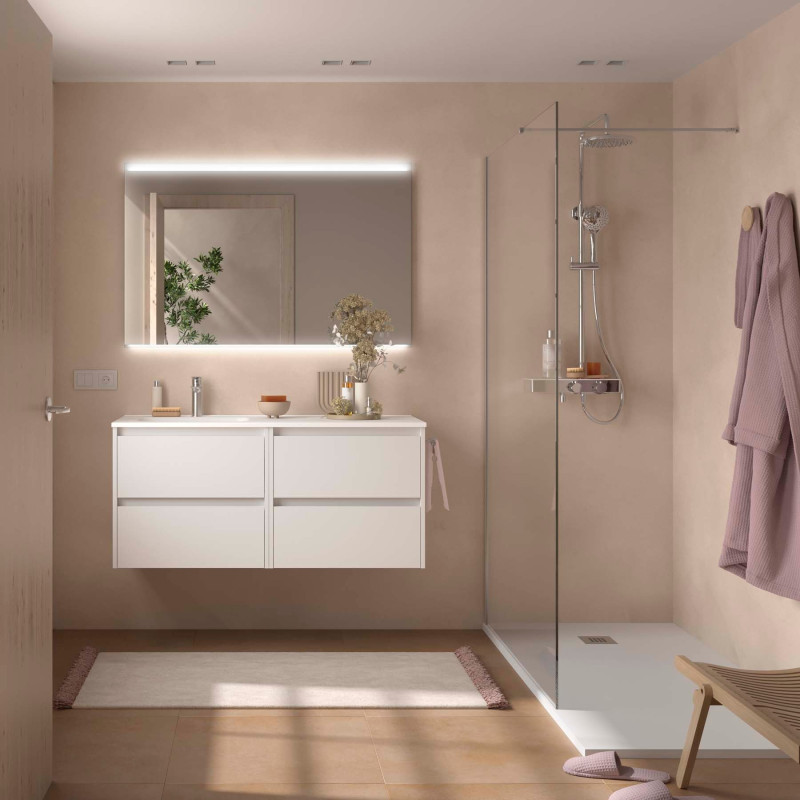 Blanc Satiné · Vasque à Gauche · Avec miroir