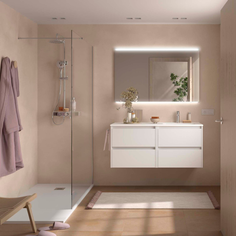 Blanc Satiné · Vasque à Droite · Avec miroir