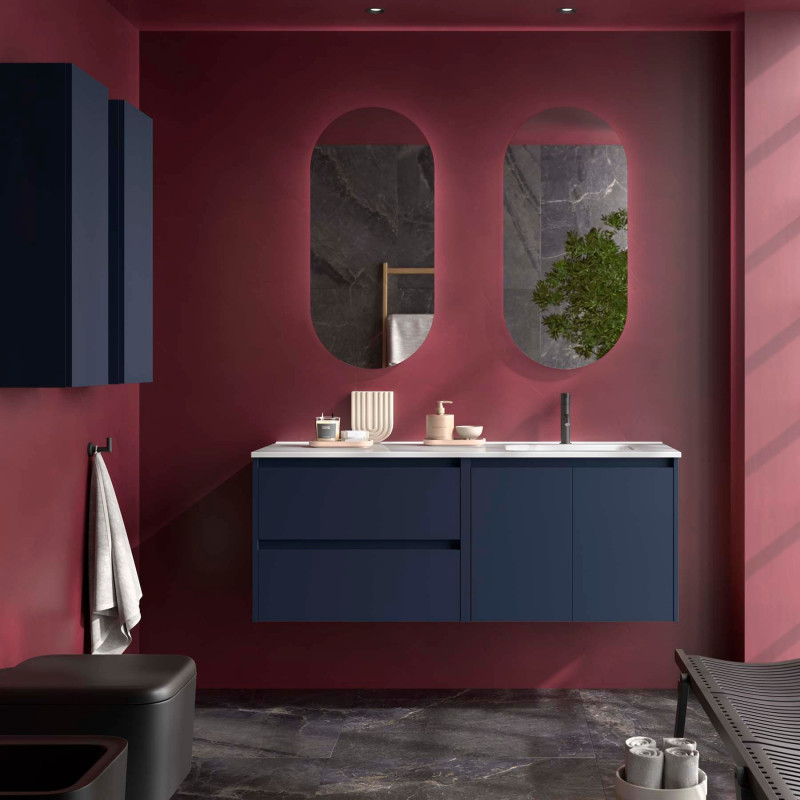 Bleu Satiné · Vasque à Droite · Avec miroir