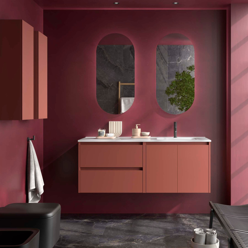 Rouge Satiné · Vasque à Droite · Avec miroir