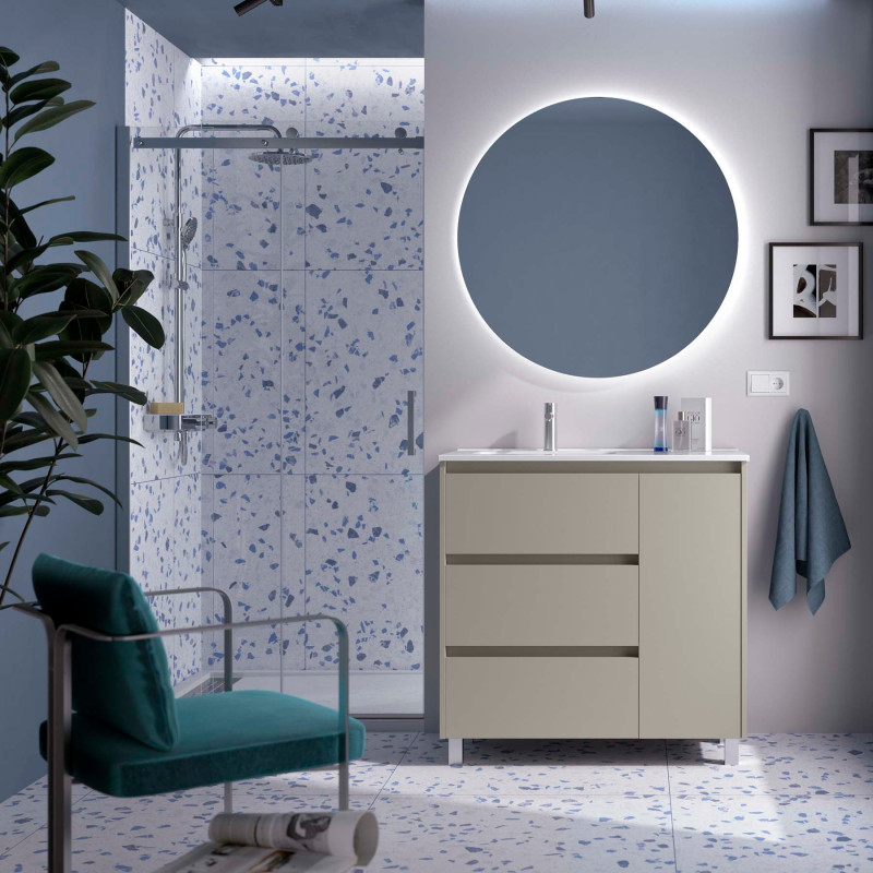 Gris Satiné · Vasque à Gauche · Sans miroir