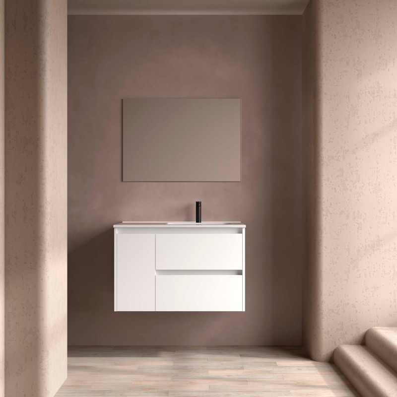 Blanc Satiné · Vasque à Droite · Avec miroir