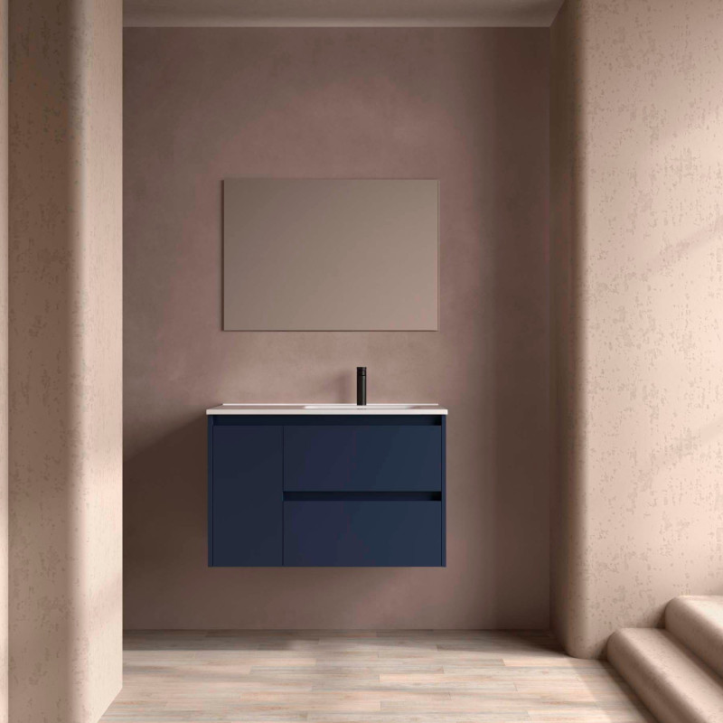 Bleu Satiné · Vasque à Droite · Avec miroir