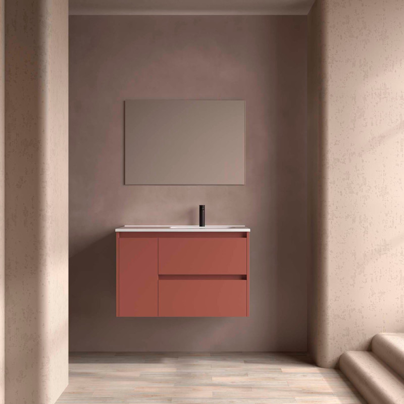 Rouge Satiné · Vasque à Droite · Avec miroir