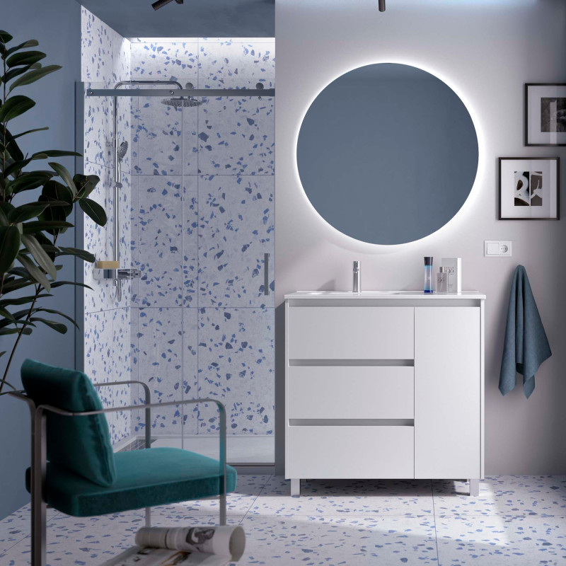Blanc Satiné · Vasque à Gauche · Avec miroir