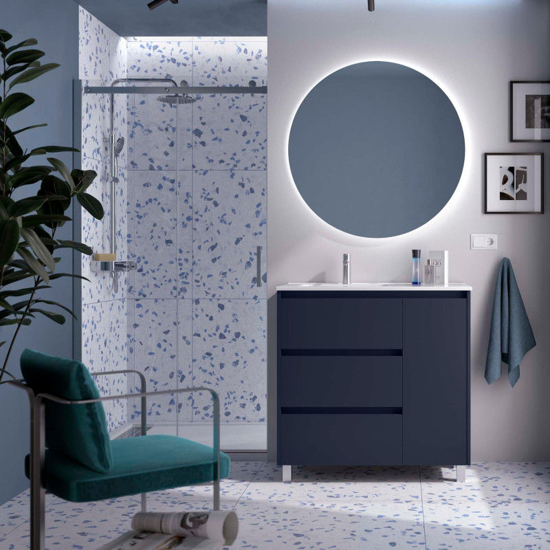 Bleu Satiné · Vasque à Gauche · Avec miroir