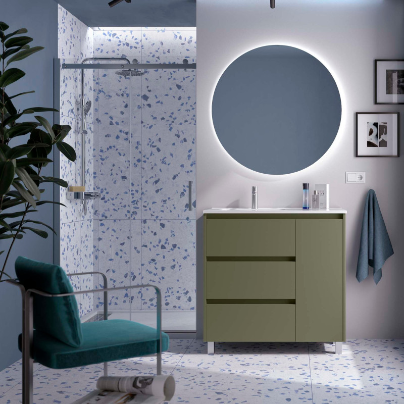Vert Satiné · Vasque à Gauche · Avec miroir