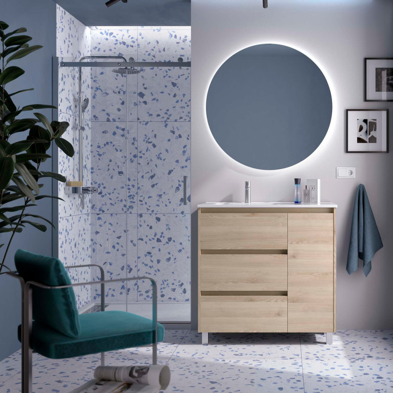 Chêne Naturel · Vasque à Gauche · Avec miroir