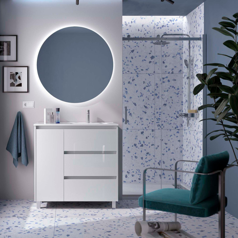 Blanc Brillant · Vasque à Droite · Avec miroir