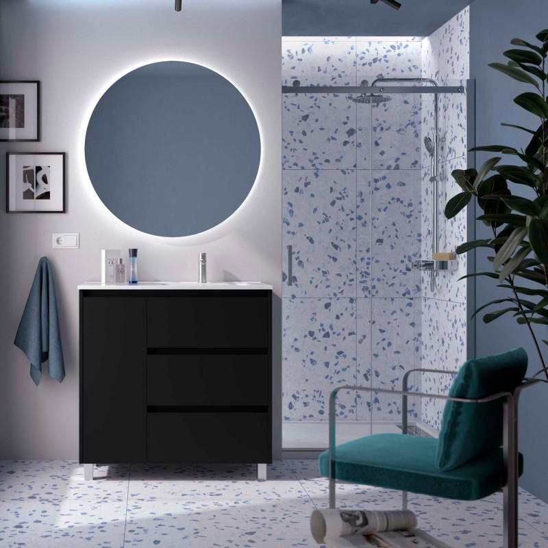 Noir Satiné · Vasque à Droite · Avec miroir