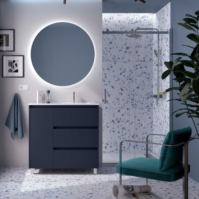 Bleu Satiné · Vasque à Droite · Avec miroir