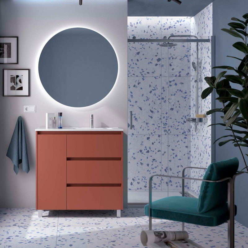 Rouge Satiné · Vasque à Droite · Avec miroir
