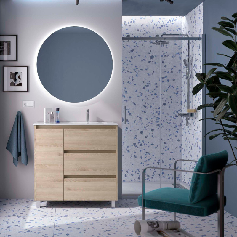 Chêne Naturel · Vasque à Droite · Avec miroir