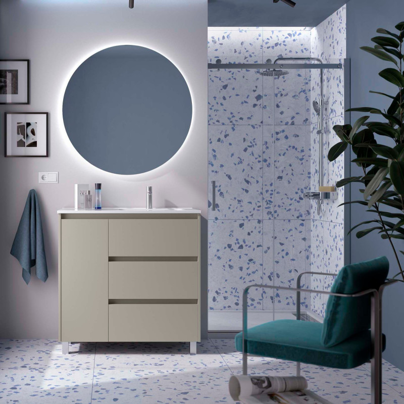 Gris Satiné · Vasque à Droite · Avec miroir