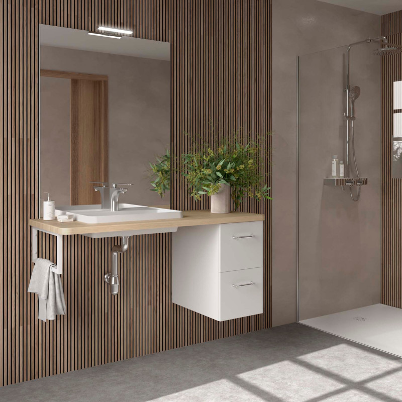 Ensemble EASY BATH 120 cm coquette à droite : plan, tiroir, vasque, miroir & LED