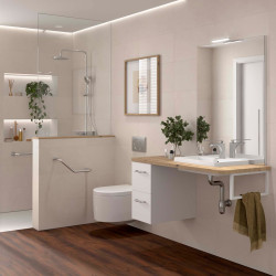 Ensemble EASY BATH 120 cm coquette à gauche : plan, tiroir, vasque, miroir & LED