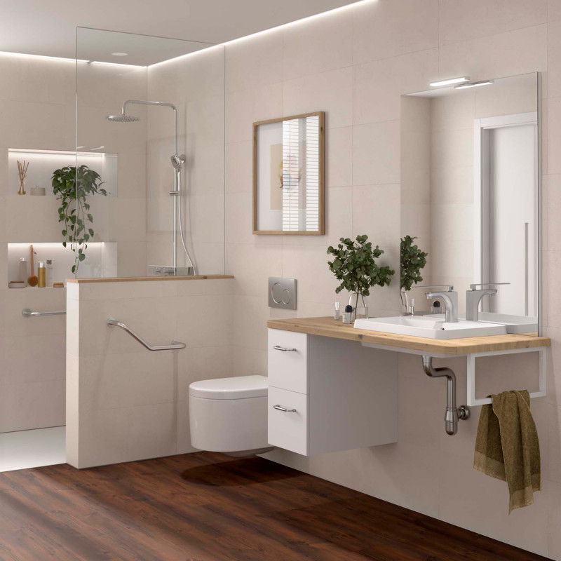 Ensemble EASY BATH 120 cm coquette à gauche : plan, tiroir, vasque, miroir & LED