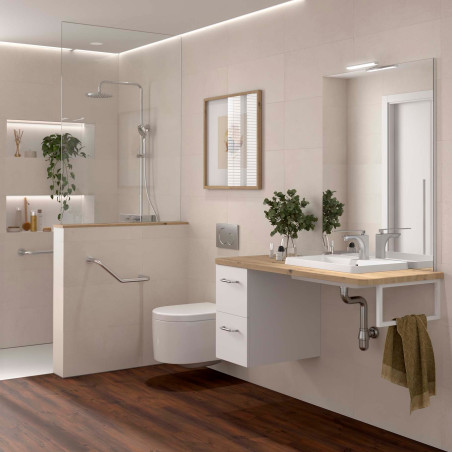 Ensemble EASY BATH 120 cm coquette à gauche : plan, tiroir, vasque, miroir & LED