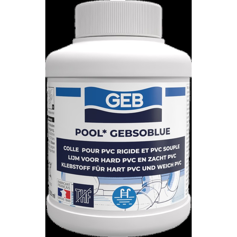 Colle spéciale piscine pour canaliation en pvc sans THF couleur bleu, réf. 504501