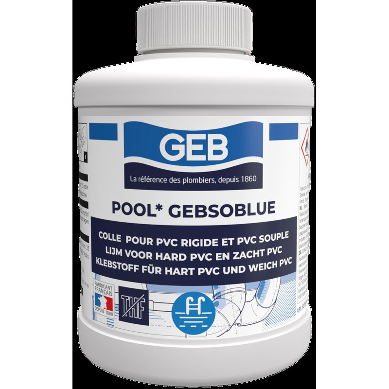 Colle spéciale piscine pour canaliation en pvc sans THF couleur bleu, réf. 504503