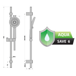 Barre de douche 700 mm ø avec douchette 3 jets flex 150 cm