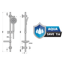 Barre de douche 700 mm ø avec douchette 3 jets flex 150 cm + porte savon, réf. 703A