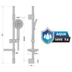 Barre de douche 700 mm ø avec douchette 3 jets flex 150 cm + porte savon, réf. 704A