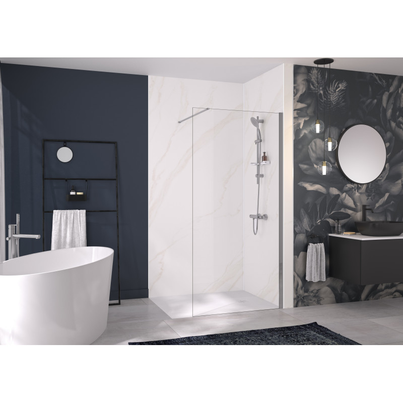 Décor marbre mordoré / Profilé blanc · Robinetterie thermostatique barreau - barre de douche - douchette à main - étagère