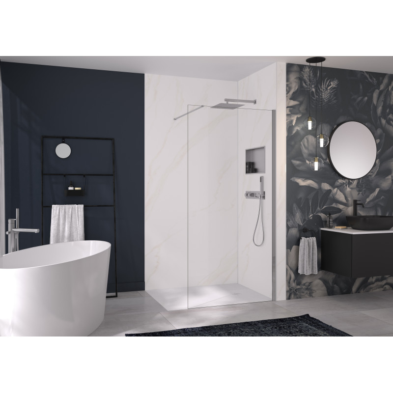 Décor marbre mordoré / Profilé blanc · Robinetterie thermostatique encastrée aspect inox brossé - douchette à main - douche pluie - niche encastrée