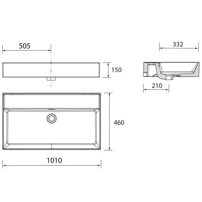 1010 mm · 1 vasque